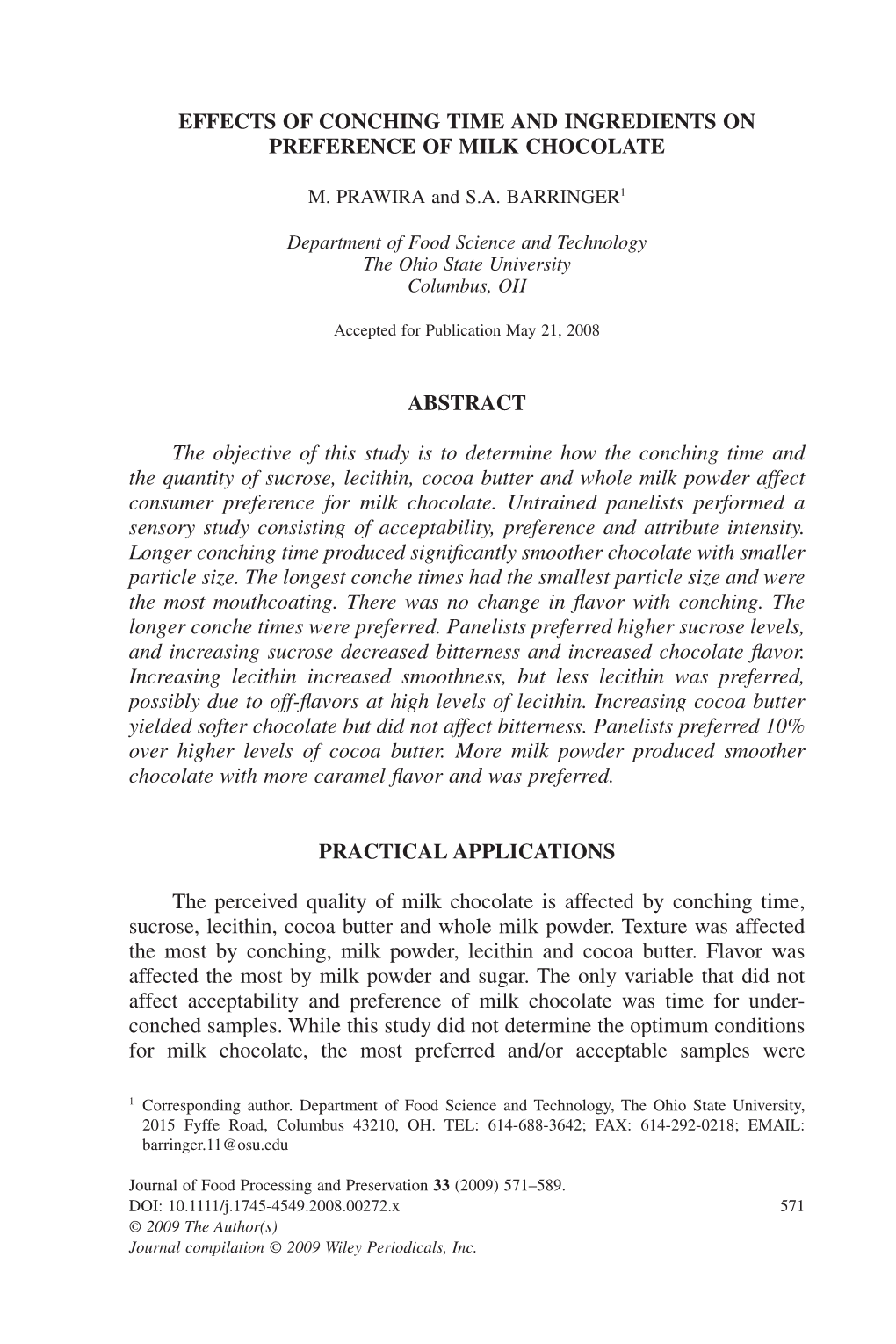 Effects of Conching Time and Ingredients on Preference of Milk Chocolate