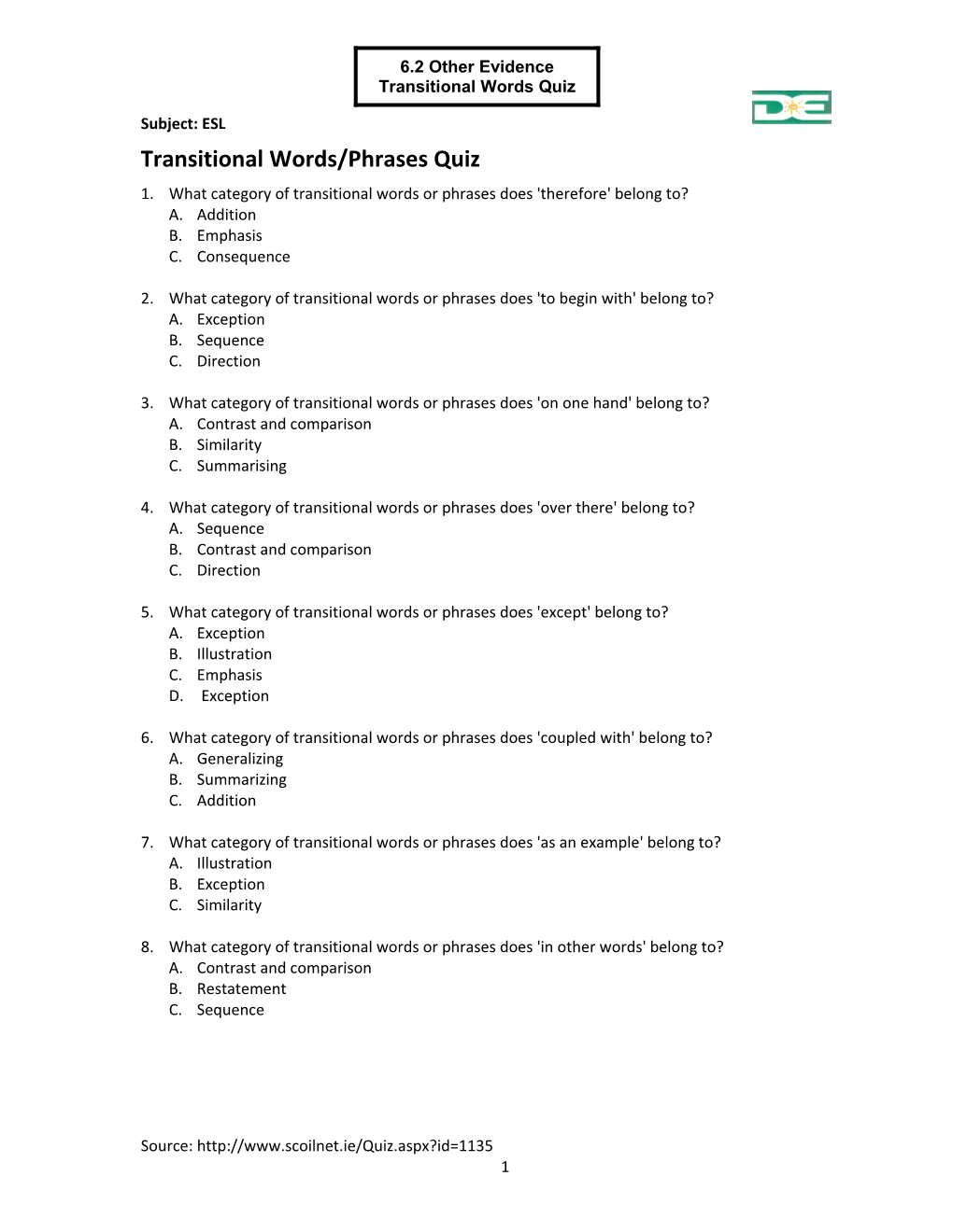 Transitional Word/Phrases Quiz