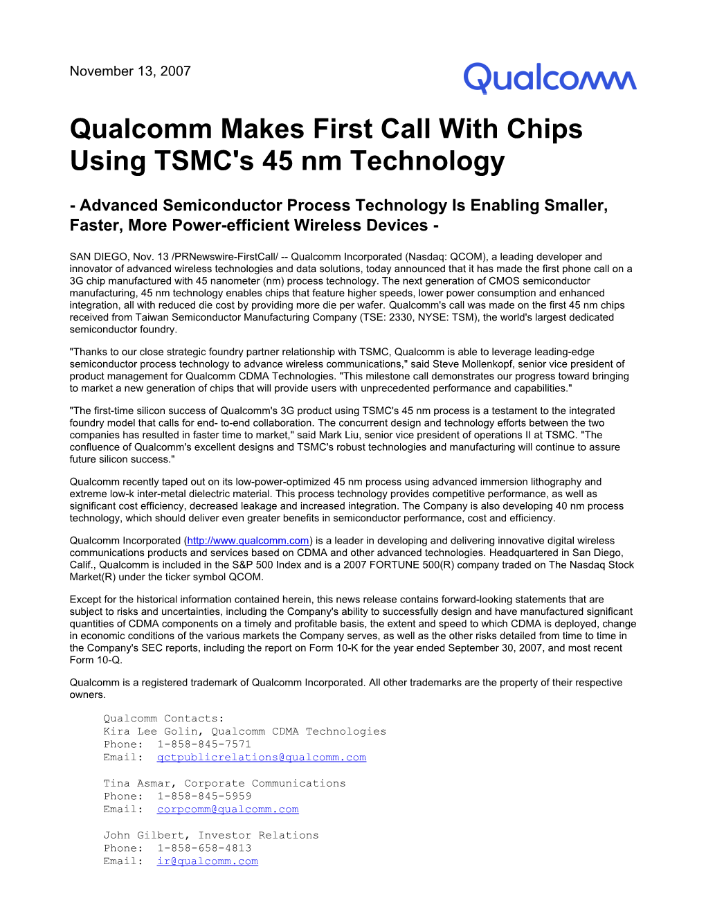 Qualcomm Makes First Call with Chips Using TSMC's 45 Nm Technology