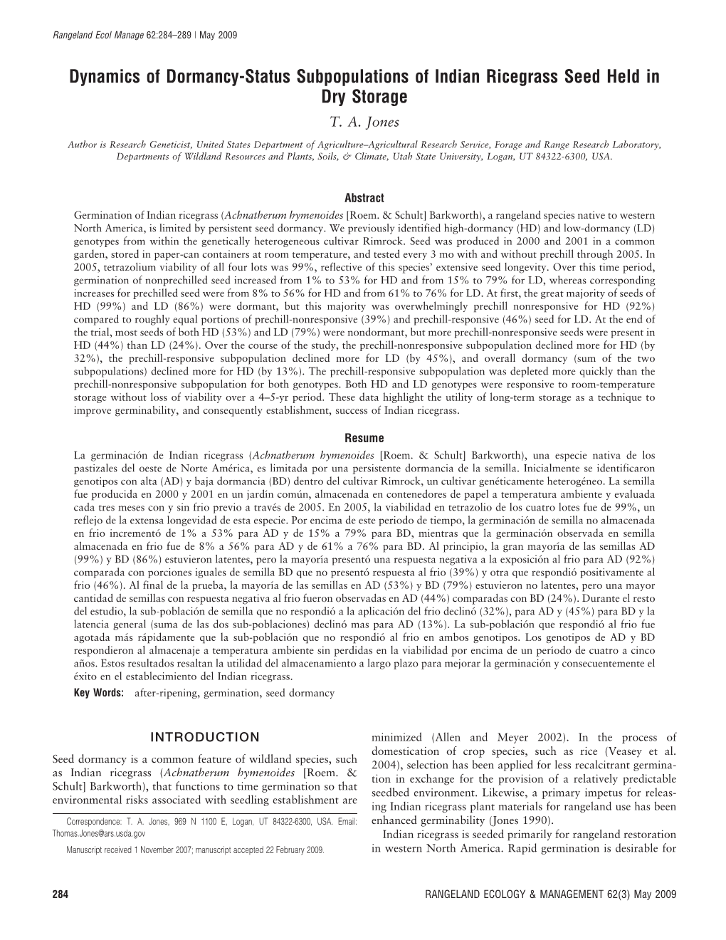 Dynamics of Dormancy-Status Subpopulations of Indian Ricegrass Seed Held in Dry Storage T