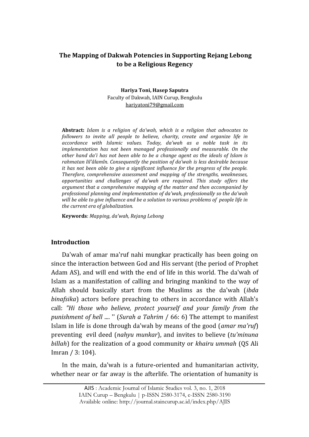 The Mapping of Dakwah Potencies in Supporting Rejang Lebong to Be a Religious Regency