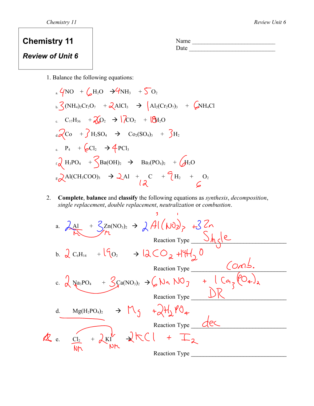 1. Balance the Following Equations