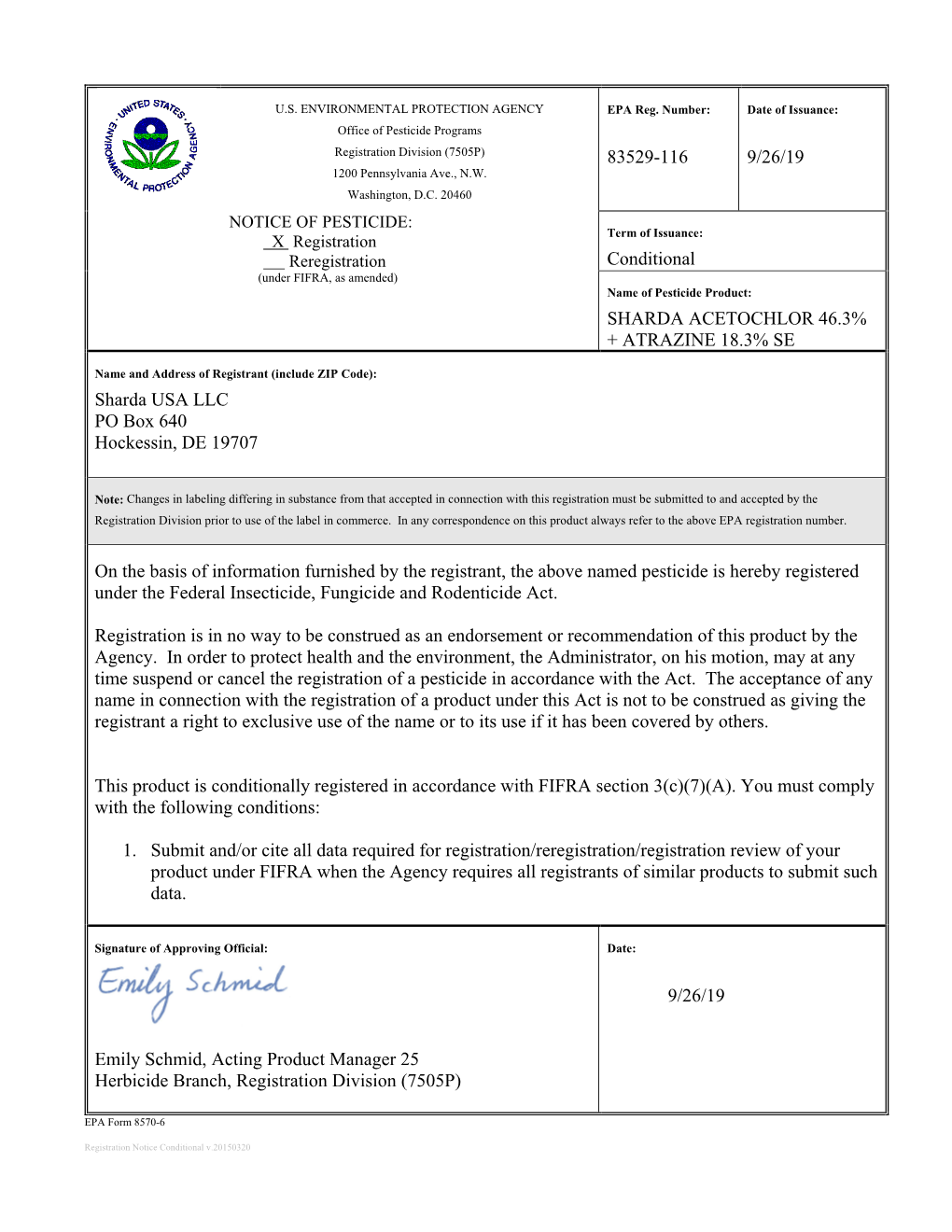 US EPA, Pesticide Product Label, SHARDA ACETOCHLOR 46.3% +