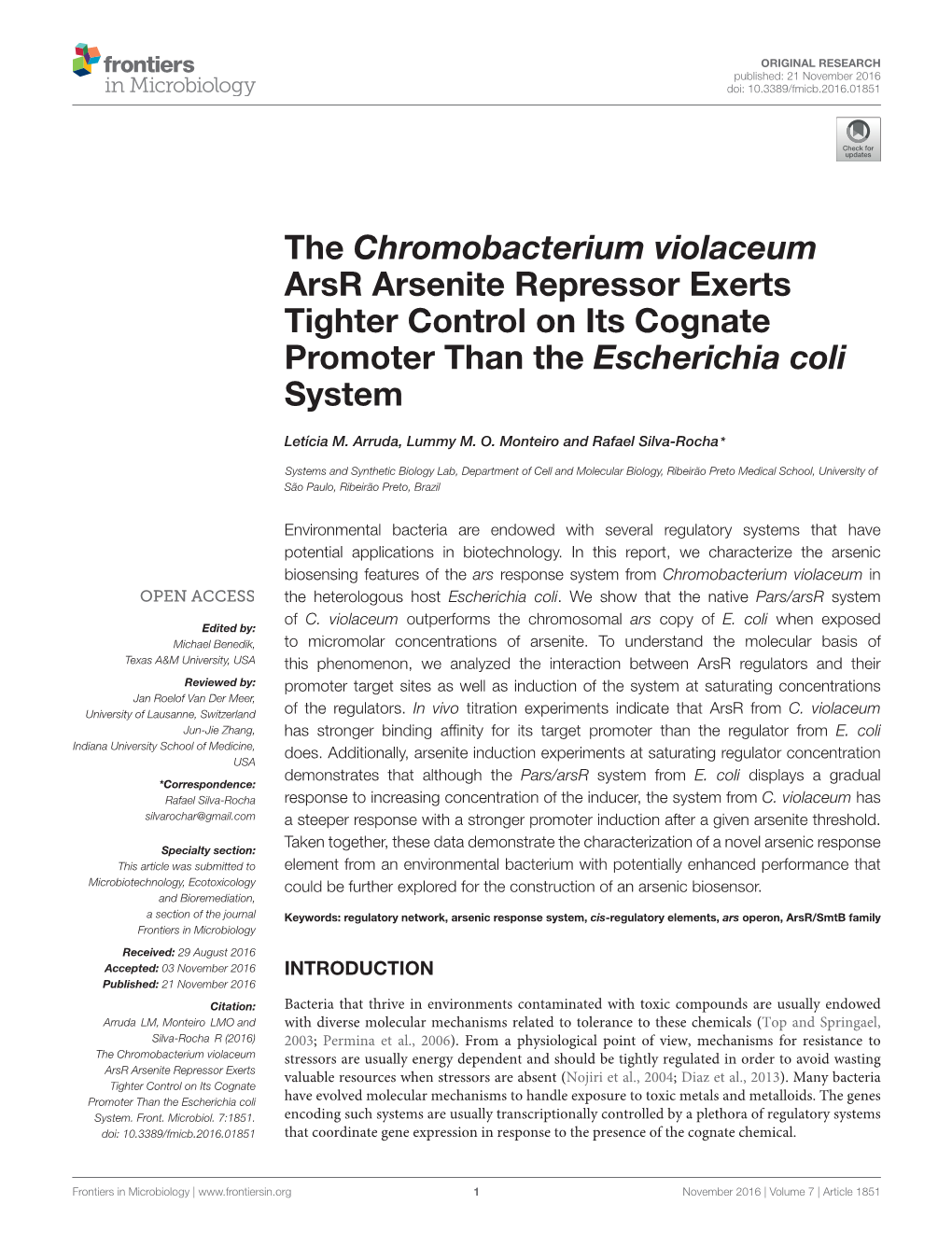 The Chromobacterium Violaceum Arsr Arsenite Repressor Exerts Tighter Control on Its Cognate Promoter Than the Escherichia Coli System