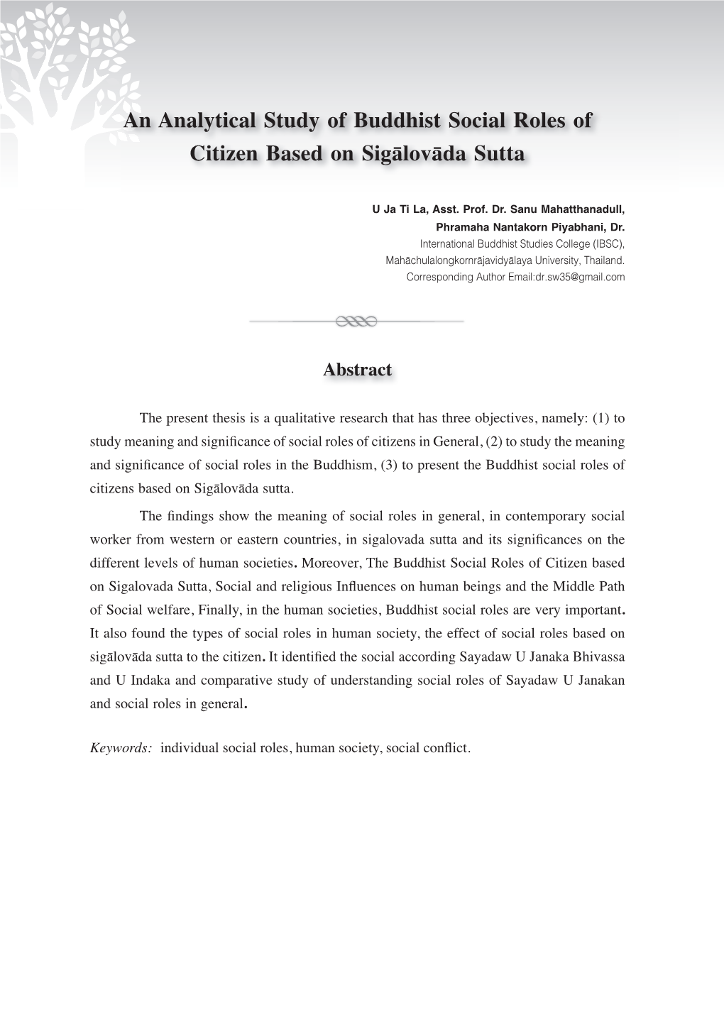 An Analytical Study of Buddhist Social Roles of Citizen Based on Sigālovāda Sutta