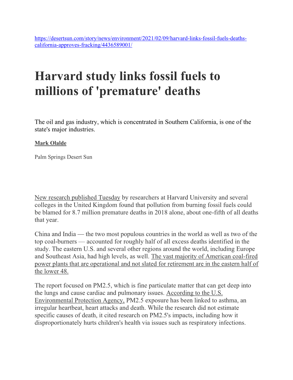 Harvard Study Links Fossil Fuels to Millions of 'Premature' Deaths