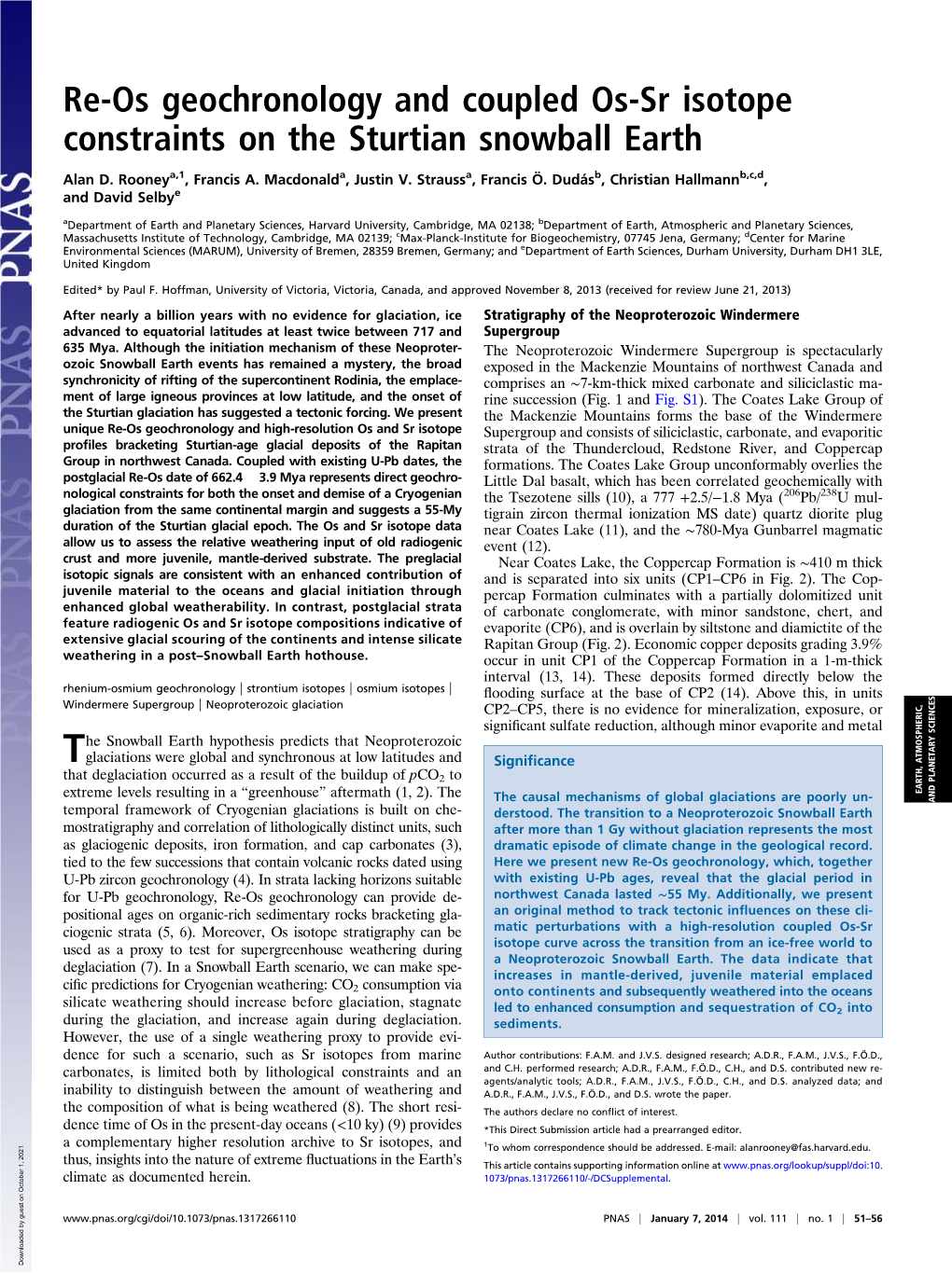 Re-Os Geochronology and Coupled Os-Sr Isotope Constraints on the Sturtian Snowball Earth