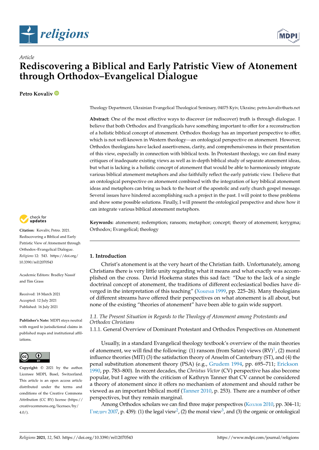 Rediscovering a Biblical and Early Patristic View of Atonement Through Orthodox–Evangelical Dialogue