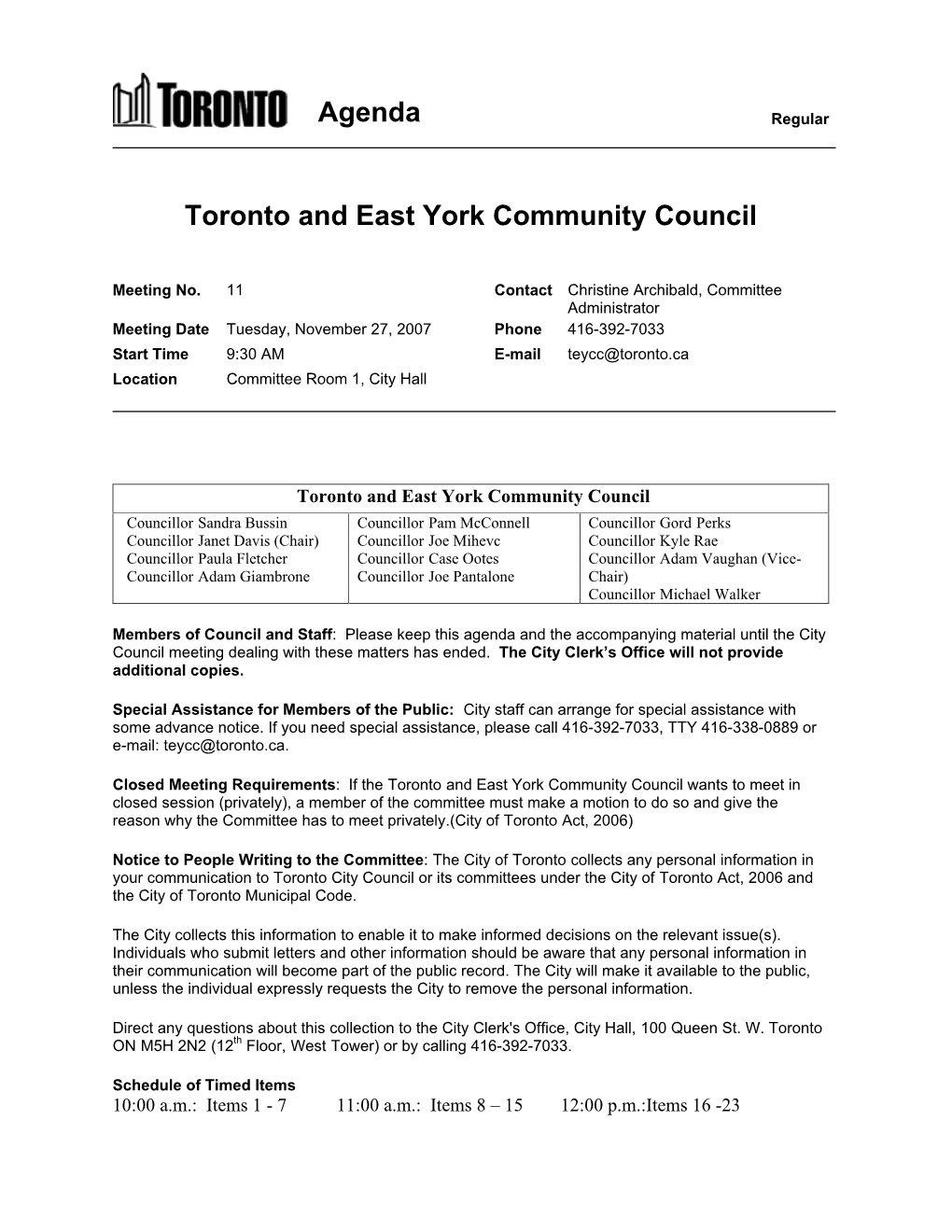 Agenda Toronto and East York Community Council