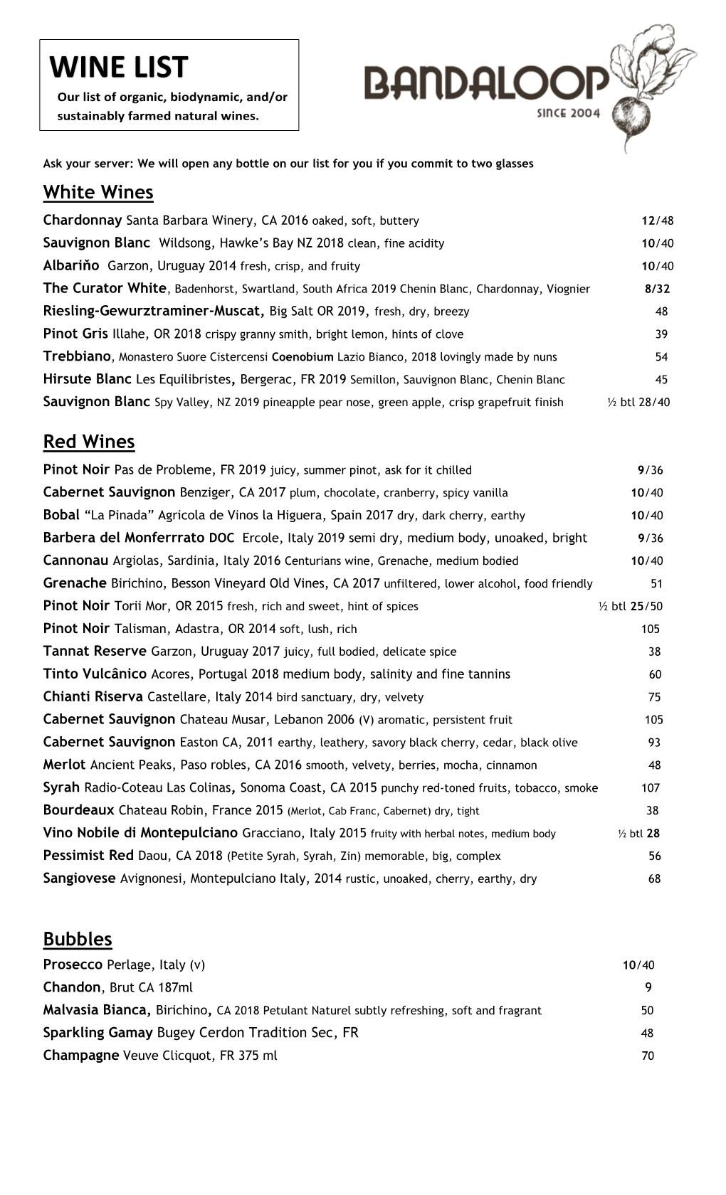 WINE LIST Our List of Organic, Biodynamic, And/Or