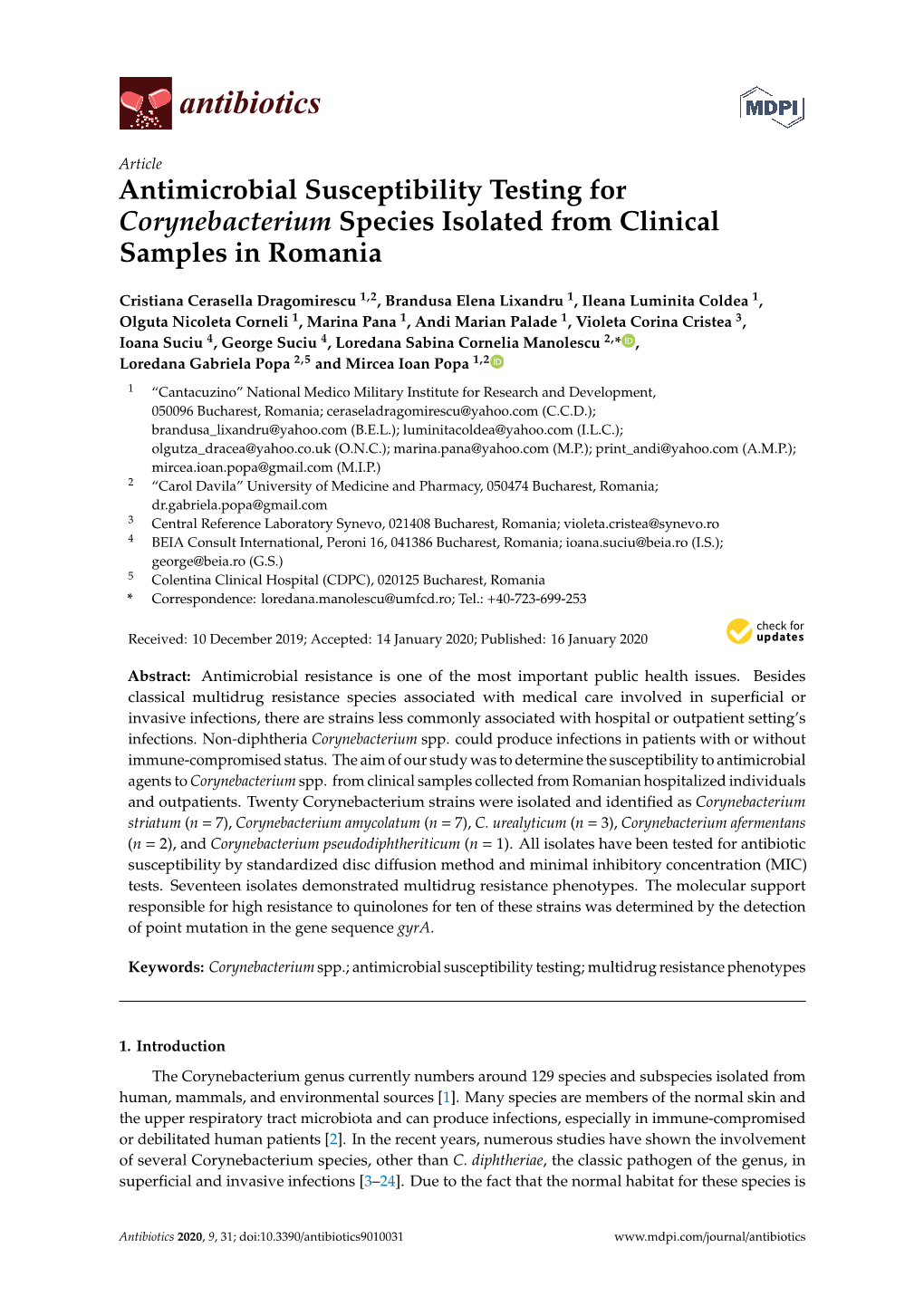 Antimicrobial Susceptibility Testing for Corynebacterium Species Isolated from Clinical Samples in Romania