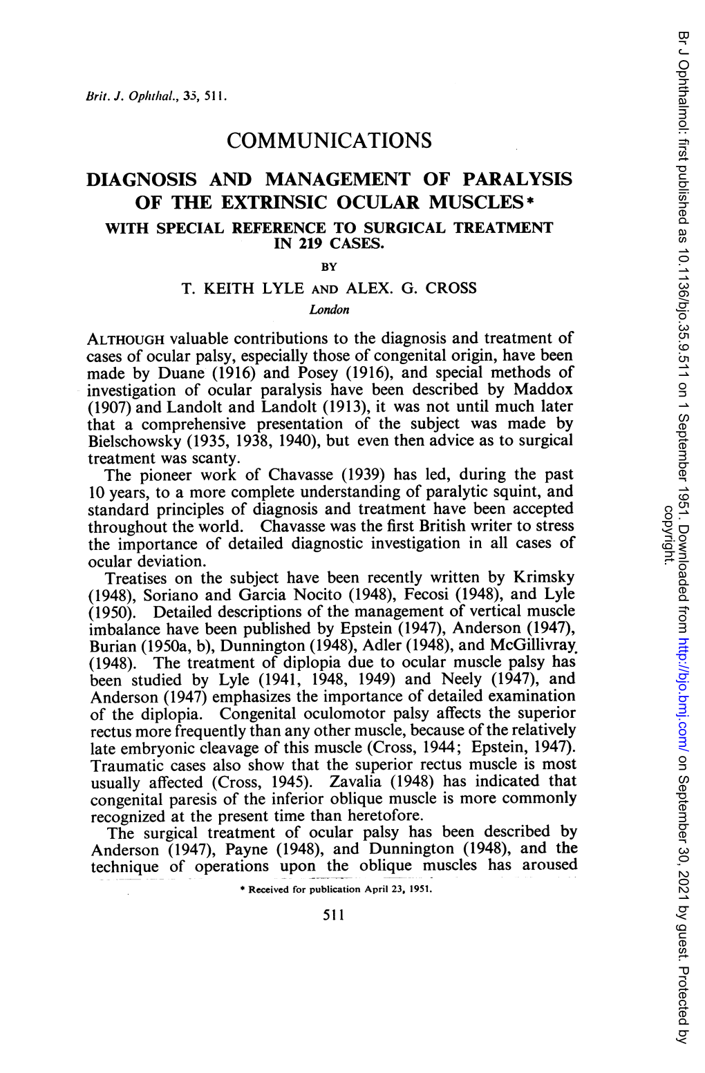 Diagnosis and Management of Paralysis of the Extrinsic Ocular Muscles* with Special Reference to Surgical Treatment in 219 Cases