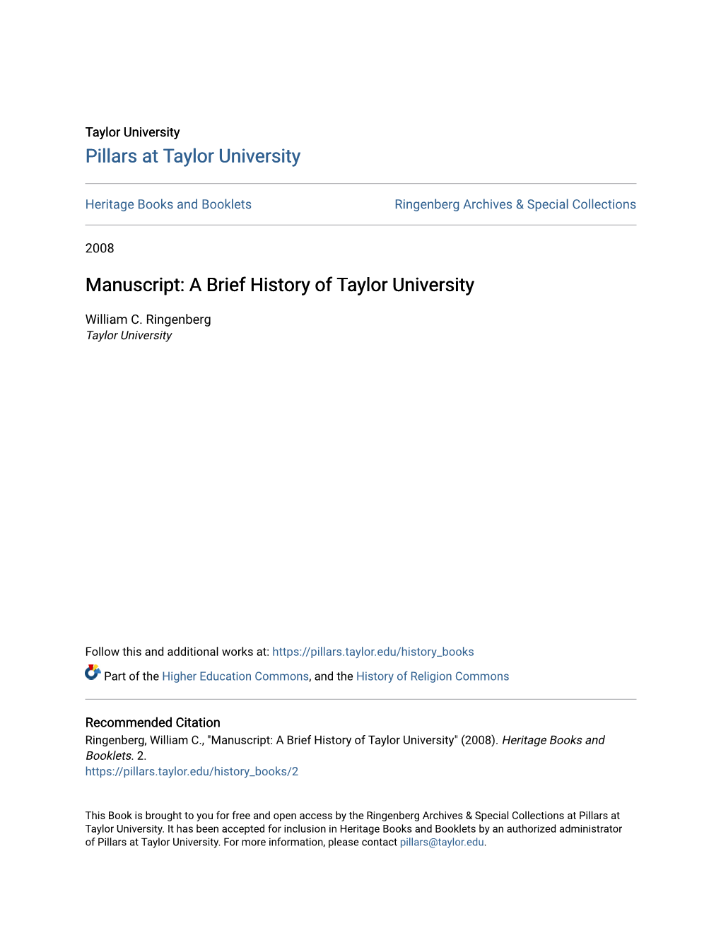 A Brief History of Taylor University