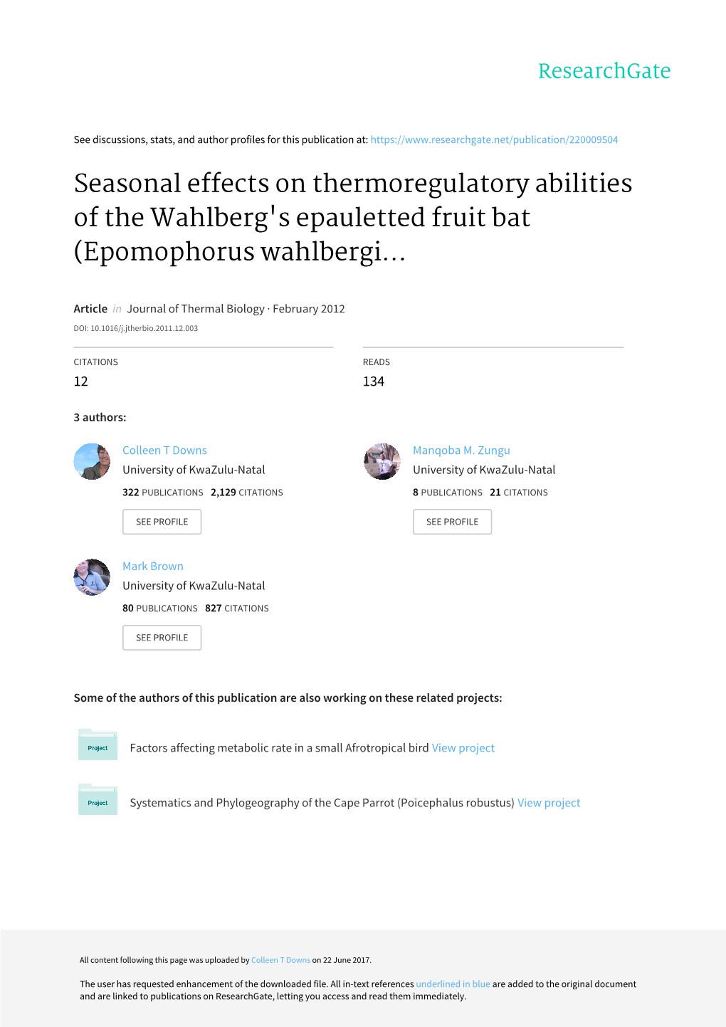 Seasonal Effects on Thermoregulatory Abilities of the Wahlberg's Epauletted Fruit Bat (Epomophorus Wahlbergi