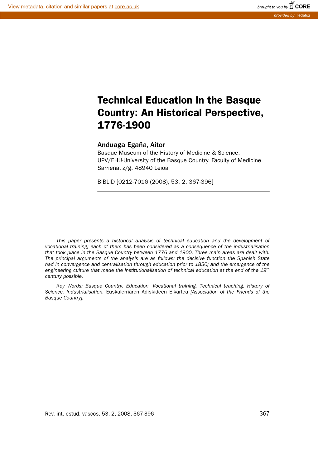 Technical Education in the Basque Country: an Historical Perspective, 1776-1900