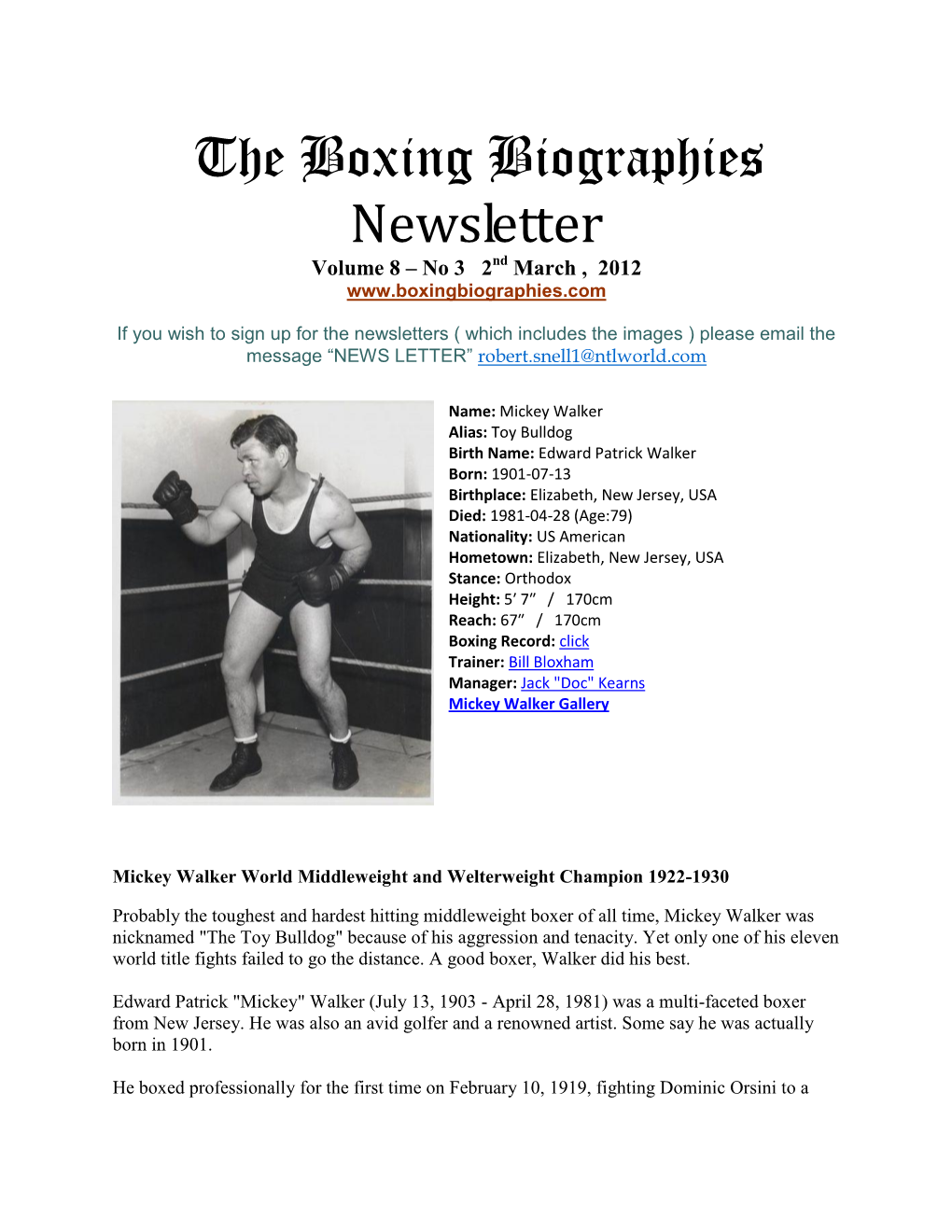 The Boxing Biographies Newsletter Volume 8 – No 3 2Nd March , 2012