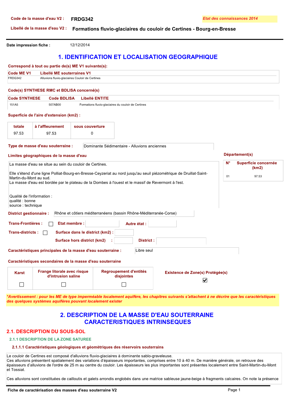 FRDG342 Etat Des Connaissances 2014 Libellé De La Masse D'eau V2 : Formations Fluvio-Glaciaires Du Couloir De Certines - Bourg-En-Bresse