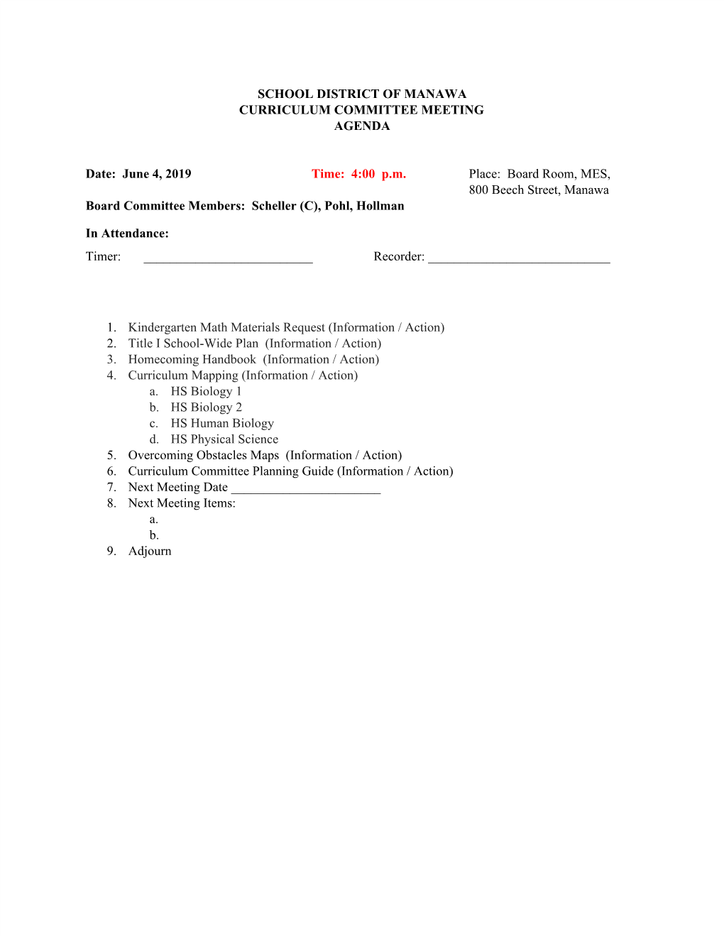 School District of Manawa Curriculum Committee Meeting Agenda