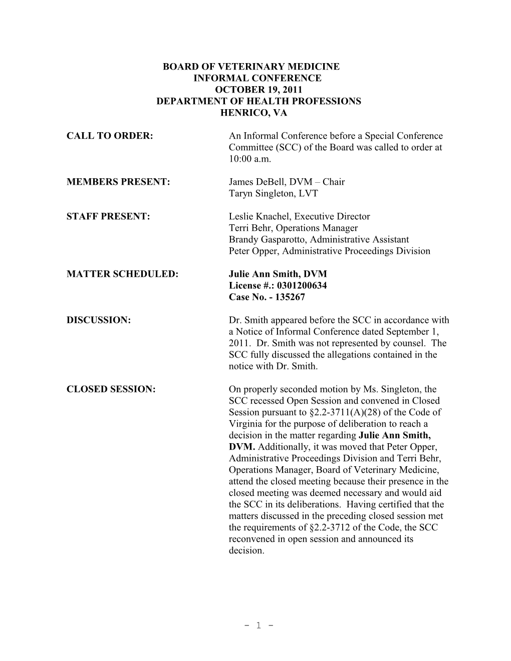 Board of Veterinary Medicine Minutes 10-19-2011