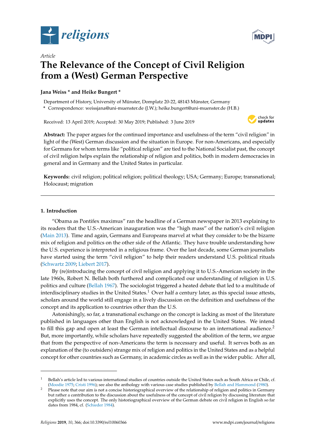 The Relevance of the Concept of Civil Religion from a (West) German Perspective