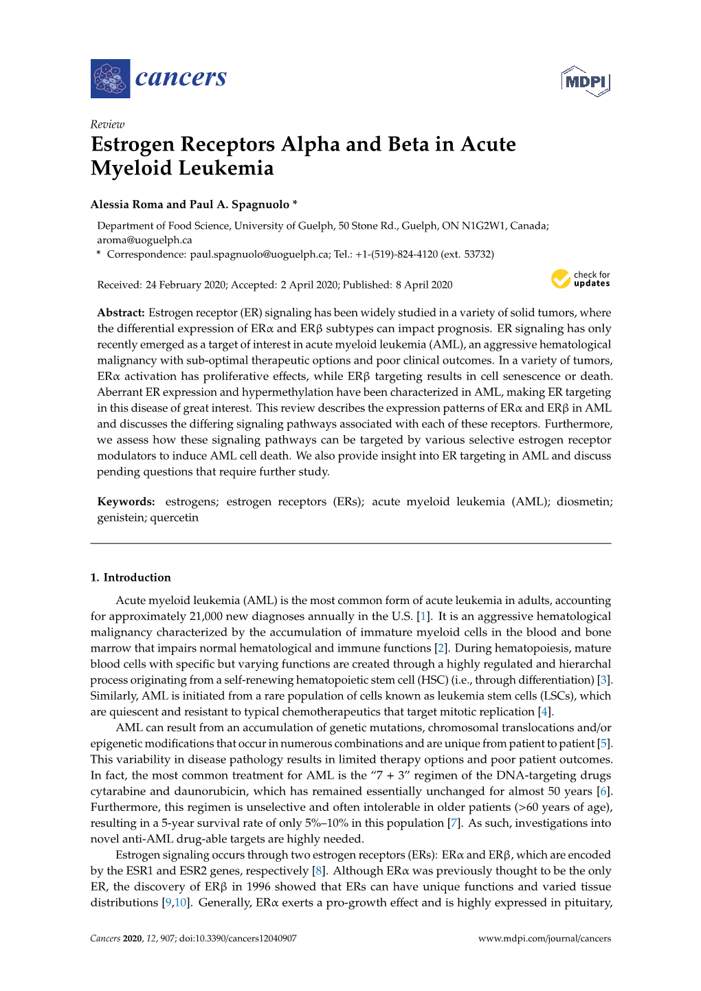 Estrogen Receptors Alpha and Beta in Acute Myeloid Leukemia