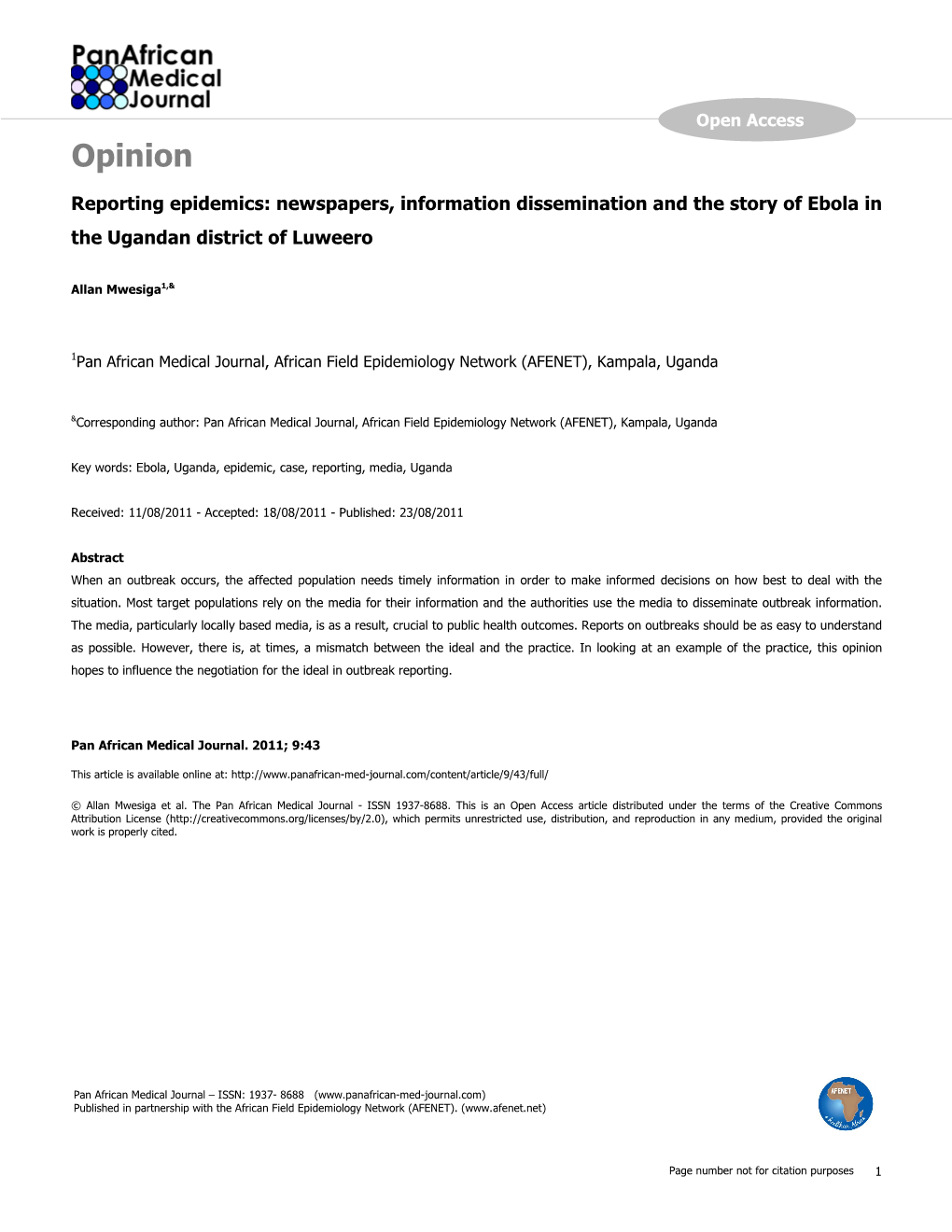 Opinion Reporting Epidemics: Newspapers, Information Dissemination and the Story of Ebola in the Ugandan District of Luweero