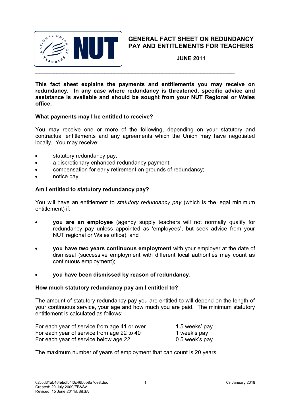 General Fact Sheet on Redundancy Pay and Entitlements for Teachers