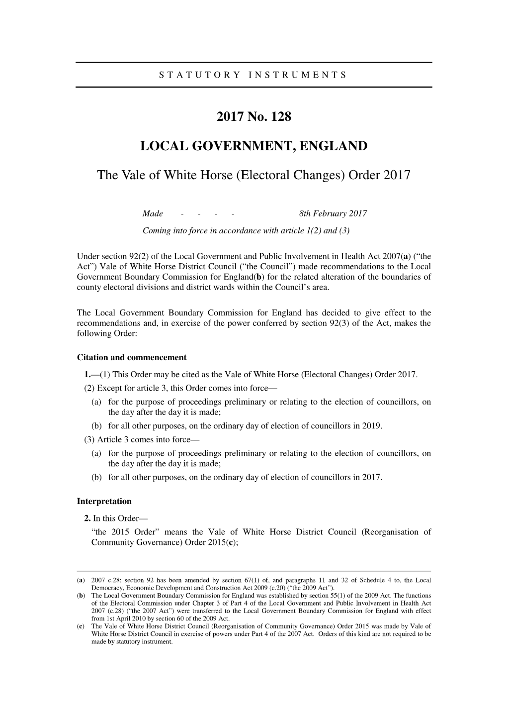 The Vale of White Horse (Electoral Changes) Order 2017