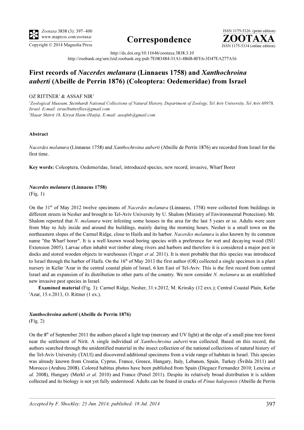 First Records of Nacerdes Melanura (Linnaeus 1758) and Xanthochroina Auberti (Abeille De Perrin 1876) (Coleoptera: Oedemeridae) from Israel