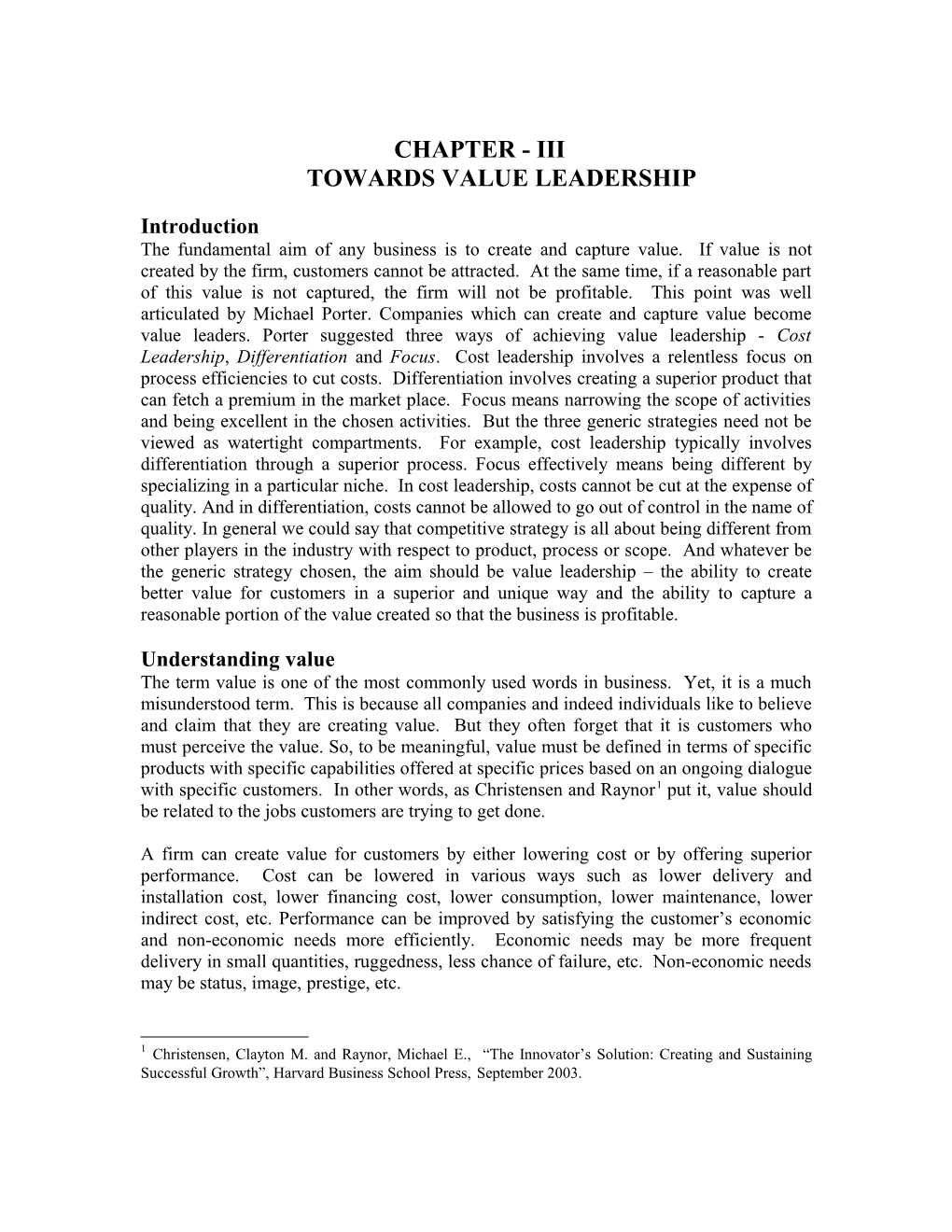 Towards Value Leadership