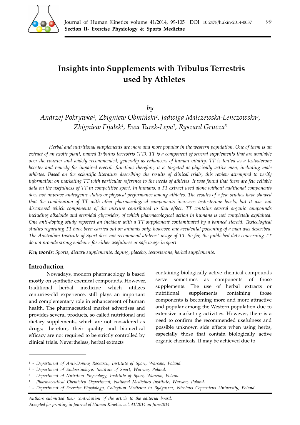 Insights Into Supplements with Tribulus Terrestris Used by Athletes