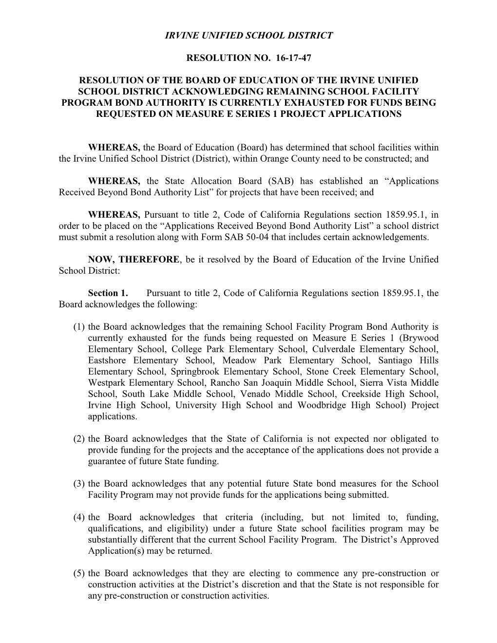 Irvine Unified School District Resolution No. 16-17-47