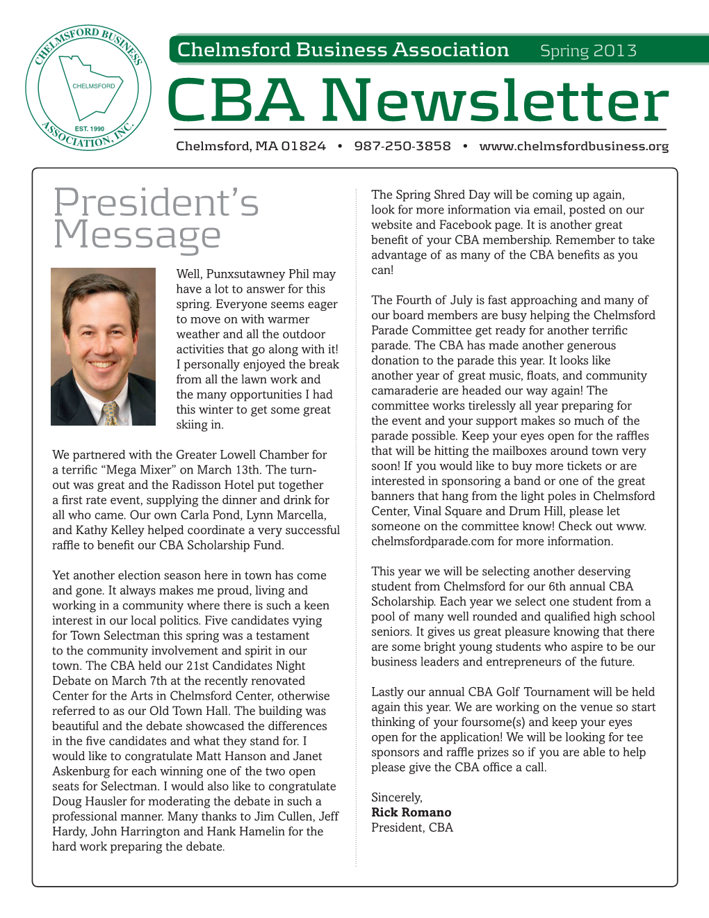 Spring 2013 CBA Newsletter Chelmsford, MA 01824 • 987-250-3858 •