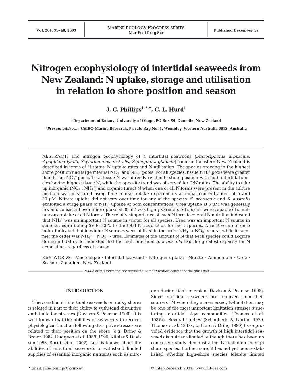 Nitrogen Ecophysiology of Intertidal Seaweeds from New Zealand: N Uptake, Storage and Utilisation in Relation to Shore Position and Season