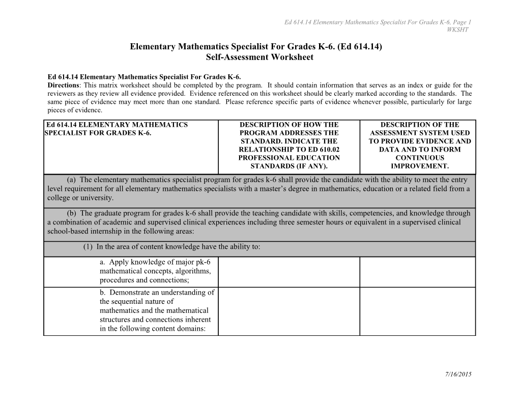 Ed 614.14Elementary Mathematics Specialist for Grades K-6, Page 1