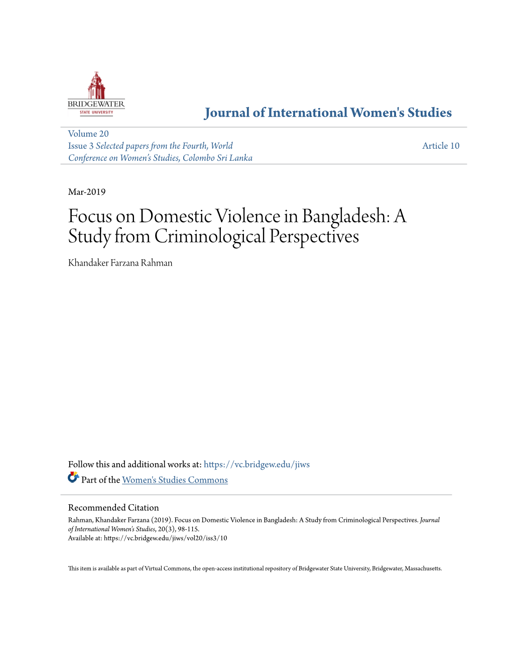 Focus on Domestic Violence in Bangladesh: a Study from Criminological Perspectives Khandaker Farzana Rahman