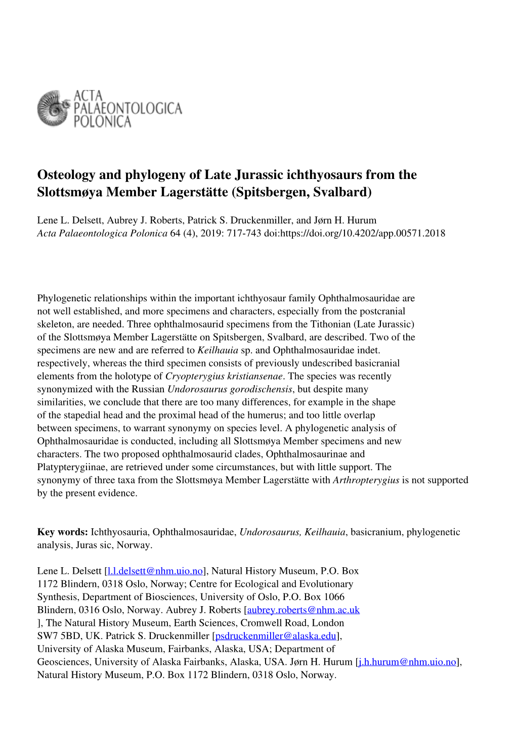 Osteology and Phylogeny of Late Jurassic Ichthyosaurs from the Slottsmøya Member Lagerstätte (Spitsbergen, Svalbard)