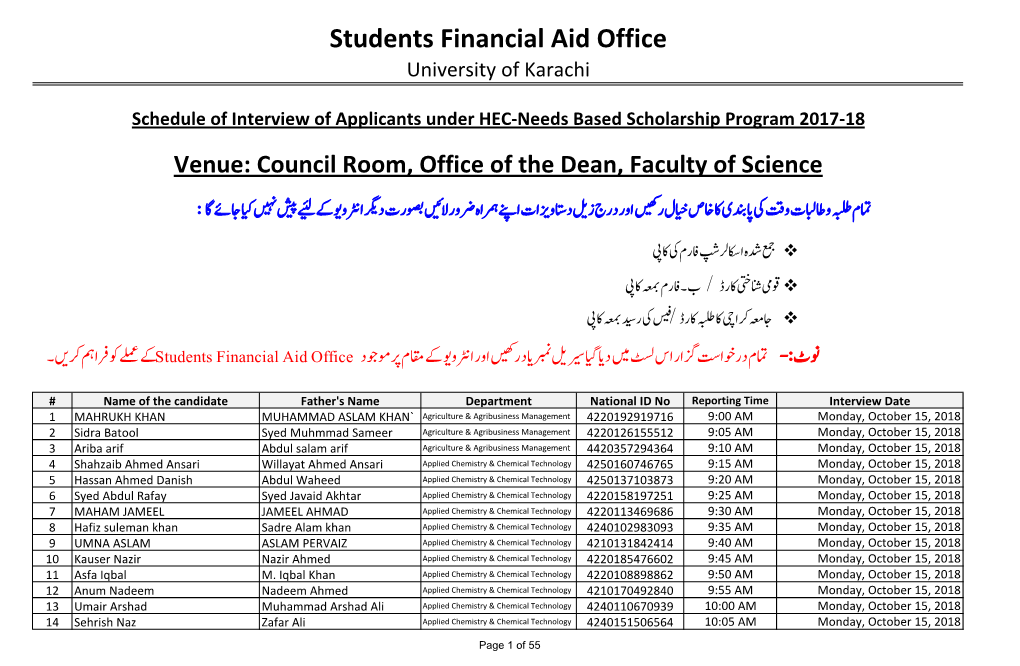 Students Financial Aid Office University of Karachi