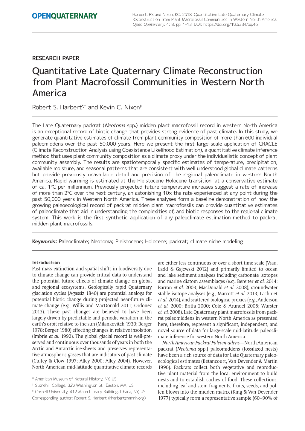 Quantitative Late Quaternary Climate Reconstruction from Plant Macrofossil Communities in Western North America