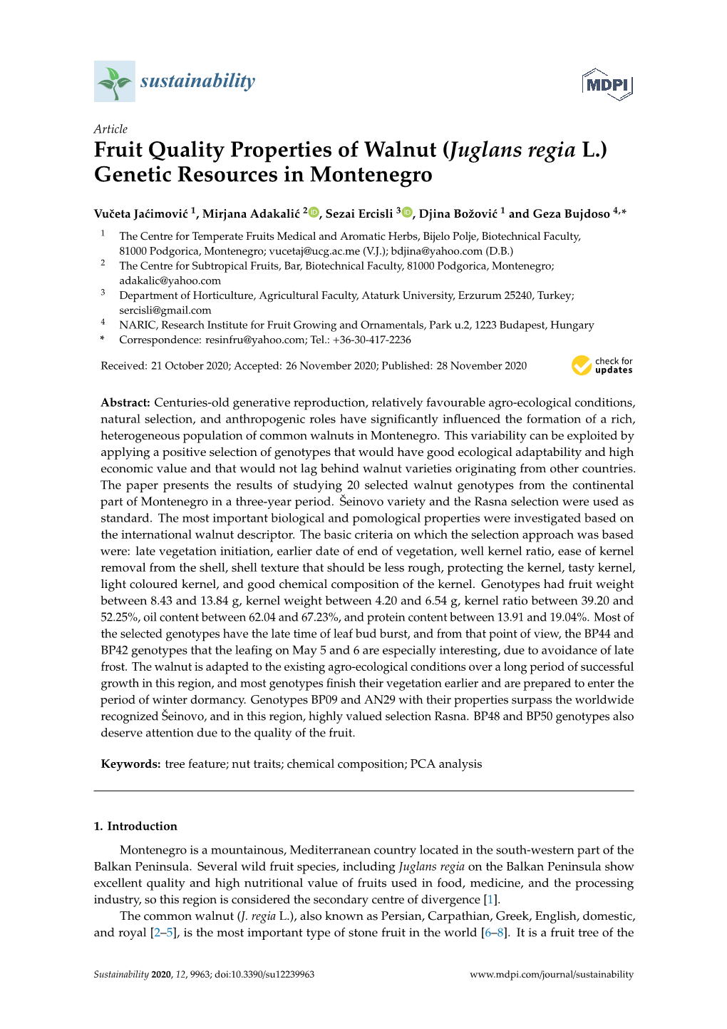 Juglans Regia L.) Genetic Resources in Montenegro