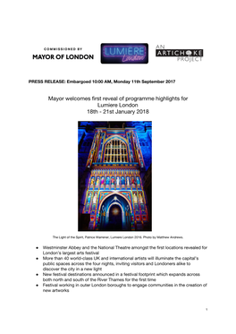 Mayor​​Welcomes​​First​​Reveal​​Of​​Programme​​Highlights​​For Lumiere​​London 18Th