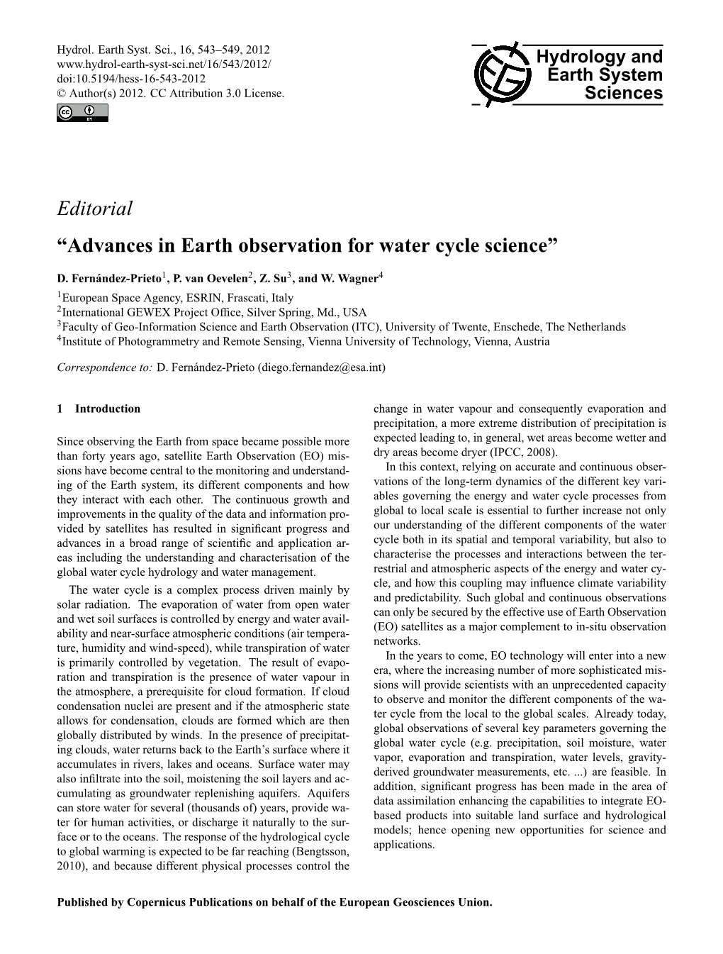 Editorial “Advances in Earth Observation for Water Cycle Science”