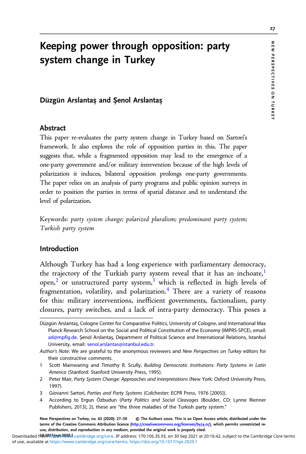 Keeping Power Through Opposition: Party System Change in Turkey