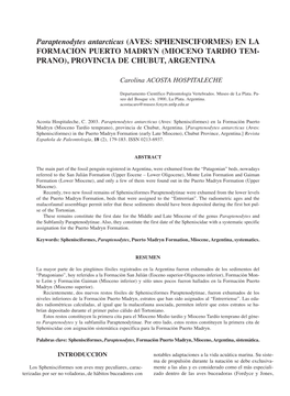 Paraptenodytes Antarcticus (AVES: SPHENISCIFORMES) EN LA FORMACIÓN PUERTO MADRYN (MIOCENO TARDÍO TEM- PRANO), PROVINCIA DE CHUBUT, ARGENTINA