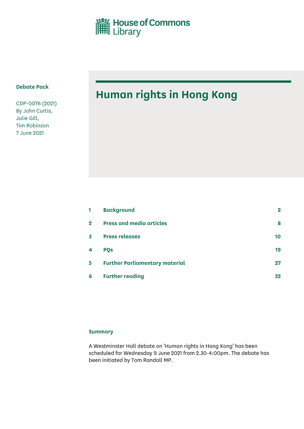 Human Rights in Hong Kong CDP-0076 (2021) by John Curtis, Julie Gill, Tim Robinson 7 June 2021