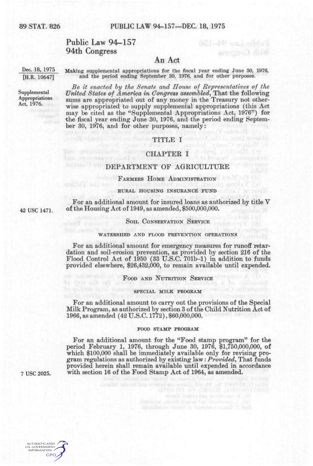 Public Law 94-157 94Th Congress an Act Dec