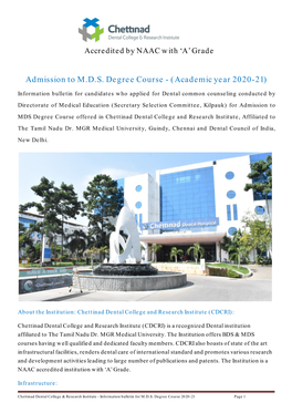 Admission to MDS Degree Course Offered in Chettinad Dental College and Research Institute, Affiliated to the Tamil Nadu Dr