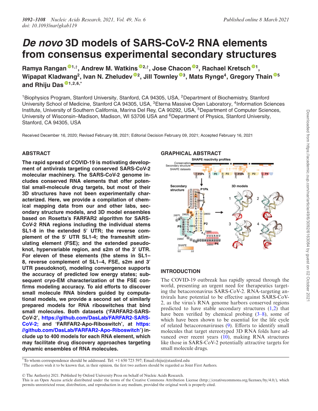 De Novo 3D Models of SARS-Cov-2 RNA Elements from Consensus Experimental Secondary Structures Ramya Rangan 1,†, Andrew M