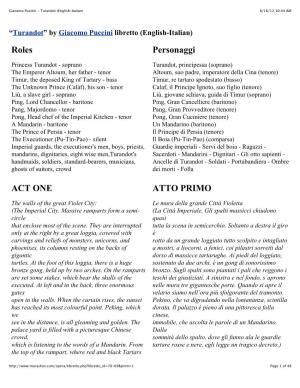 “Turandot” by Giacomo Puccini Libretto (English-Italian) Roles Personaggi