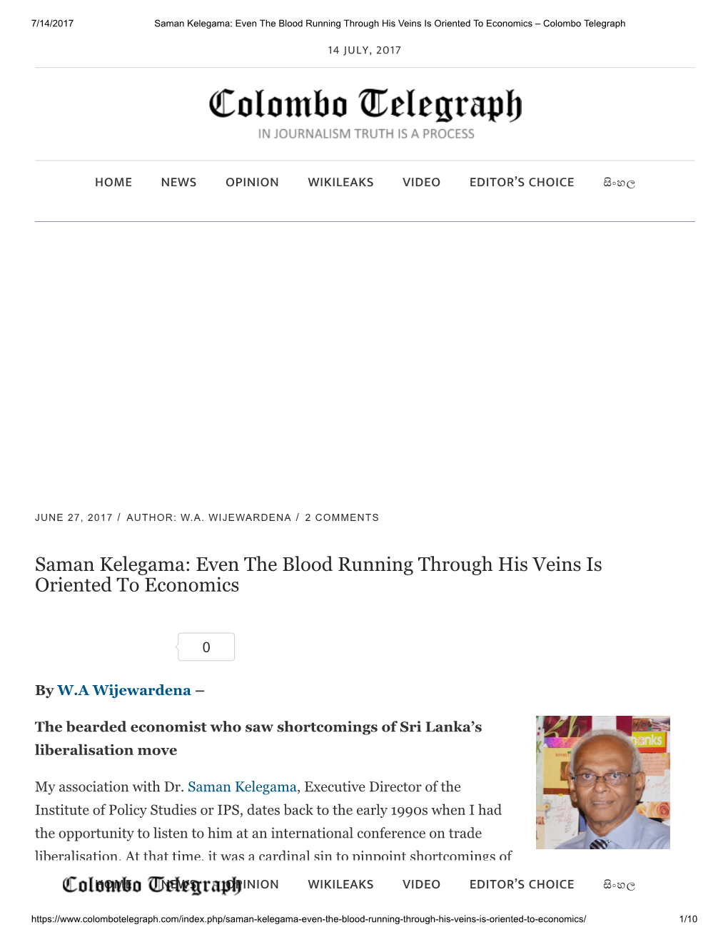Saman Kelegama: Even the Blood Running Through His Veins Is Oriented to Economics – Colombo Telegraph